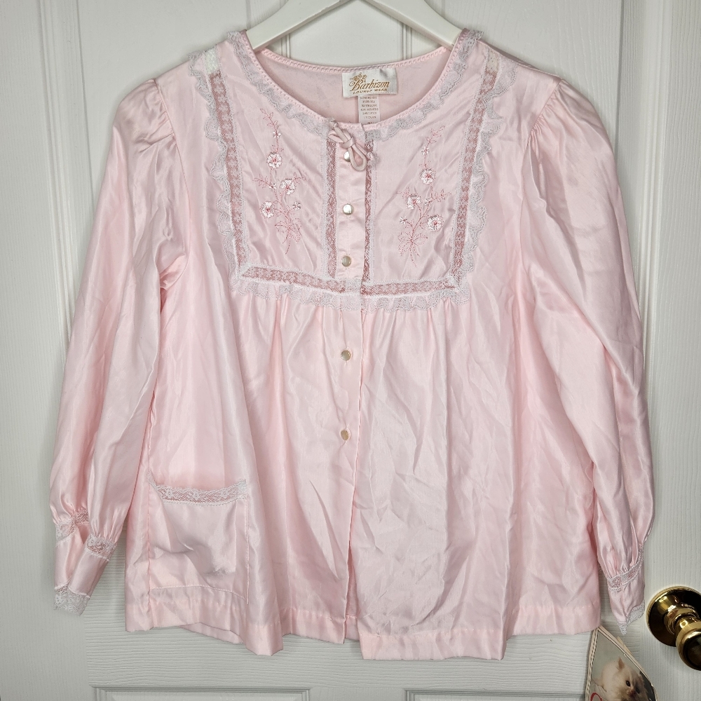 Vintage Barbizon Lounge Wear Cuddleskin Pink Silky Shiny Lace Pajama Top Small
